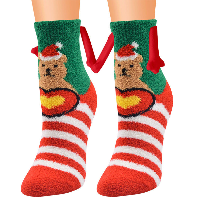 Navidad Succión magnética Calcetines de pareja deSuministros de Navidad Succión magnética Calcetines de pareja de mano en mano Calcetines de tubo de vellón de coral Calcetines de cama de zapatilla cálida de invierno Zapatilla suave y cálida