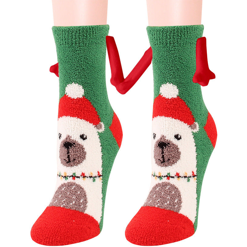 Navidad Succión magnética Calcetines de pareja deSuministros de Navidad Succión magnética Calcetines de pareja de mano en mano Calcetines de tubo de vellón de coral Calcetines de cama de zapatilla cálida de invierno Zapatilla suave y cálida