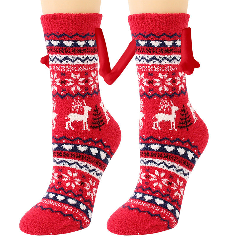 Navidad Succión magnética Calcetines de pareja deSuministros de Navidad Succión magnética Calcetines de pareja de mano en mano Calcetines de tubo de vellón de coral Calcetines de cama de zapatilla cálida de invierno Zapatilla suave y cálida