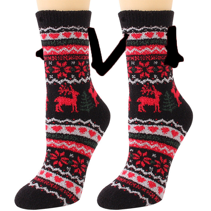 Navidad Succión magnética Calcetines de pareja deSuministros de Navidad Succión magnética Calcetines de pareja de mano en mano Calcetines de tubo de vellón de coral Calcetines de cama de zapatilla cálida de invierno Zapatilla suave y cálida