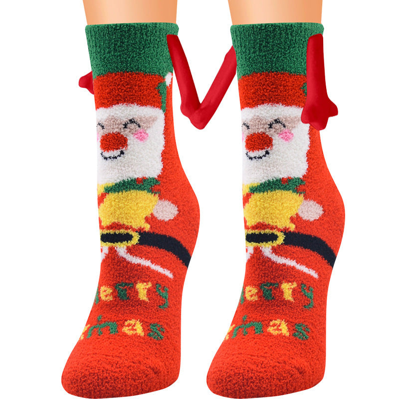 Navidad Succión magnética Calcetines de pareja deSuministros de Navidad Succión magnética Calcetines de pareja de mano en mano Calcetines de tubo de vellón de coral Calcetines de cama de zapatilla cálida de invierno Zapatilla suave y cálida