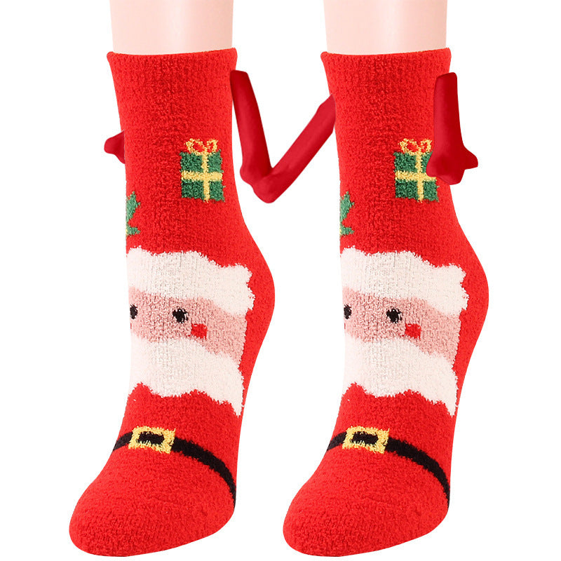 Navidad Succión magnética Calcetines de pareja deSuministros de Navidad Succión magnética Calcetines de pareja de mano en mano Calcetines de tubo de vellón de coral Calcetines de cama de zapatilla cálida de invierno Zapatilla suave y cálida