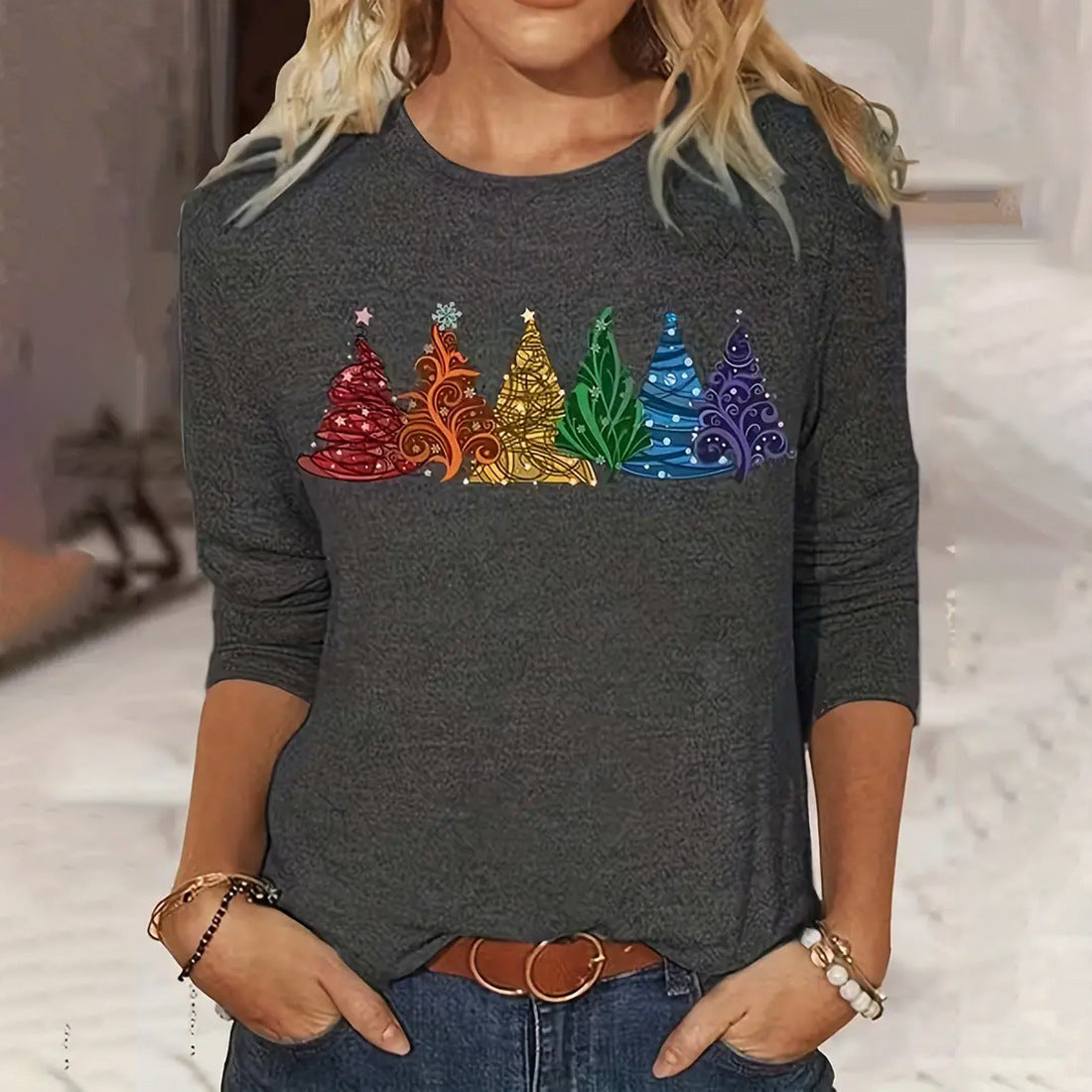 Camiseta de manga larga para mujer con estampado de árbol de Navidad, cuello redondo, informal holgado