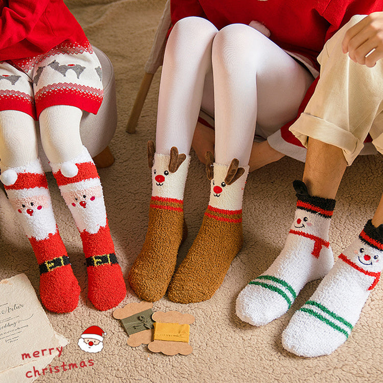 Child Christmas Socks Winter No-shedding Cute Elk Elk Santa Claus Snowman Sleeping Floor Coral Fleece Socks