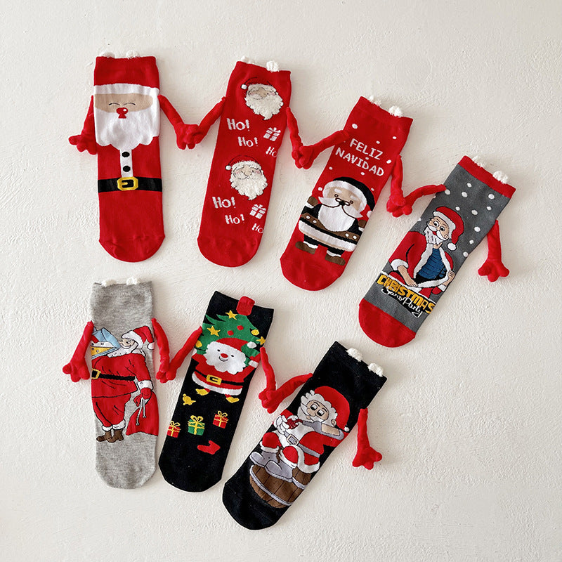 Christmas Magnetic Socks Cute Elk Santa Claus Snowman Hand-holding Socks For Couple