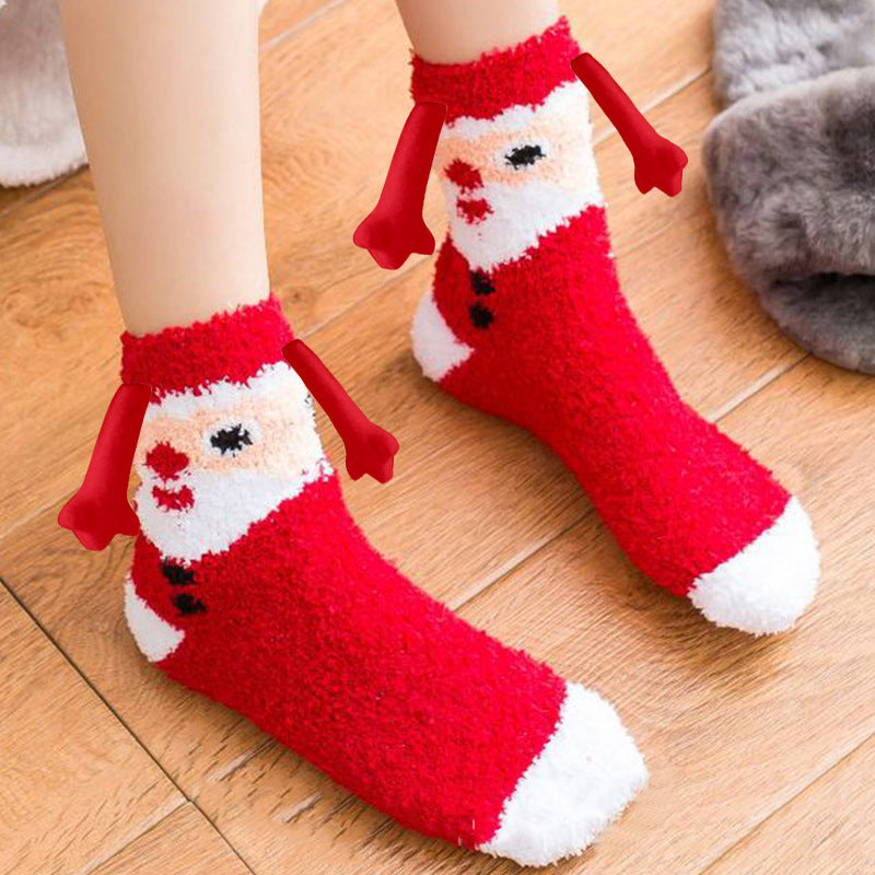 Navidad Succión magnética Calcetines de pareja deSuministros de Navidad Succión magnética Calcetines de pareja de mano en mano Calcetines de tubo de vellón de coral Calcetines de cama de zapatilla cálida de invierno Zapatilla suave y cálida