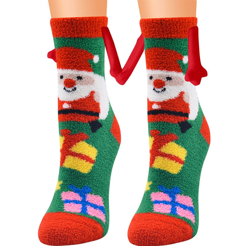 Navidad Succión magnética Calcetines de pareja deSuministros de Navidad Succión magnética Calcetines de pareja de mano en mano Calcetines de tubo de vellón de coral Calcetines de cama de zapatilla cálida de invierno Zapatilla suave y cálida