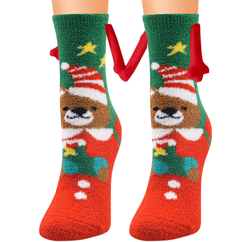 Navidad Succión magnética Calcetines de pareja deSuministros de Navidad Succión magnética Calcetines de pareja de mano en mano Calcetines de tubo de vellón de coral Calcetines de cama de zapatilla cálida de invierno Zapatilla suave y cálida