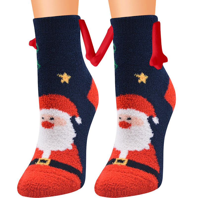 Navidad Succión magnética Calcetines de pareja deSuministros de Navidad Succión magnética Calcetines de pareja de mano en mano Calcetines de tubo de vellón de coral Calcetines de cama de zapatilla cálida de invierno Zapatilla suave y cálida